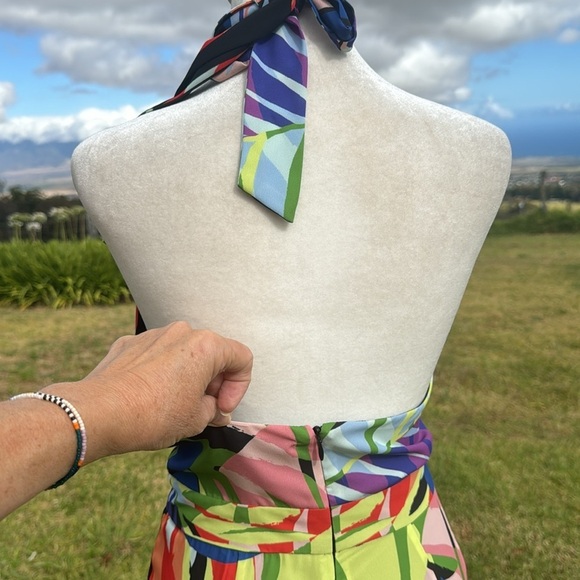 NWT Natori tropical Monstera Jumpsuit halter flare leg Retro - Picture 8 of 10